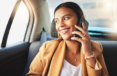 Buy stock photo Woman, phone and call on commute in car for business meeting, work or travel. Passenger, person or manager in taxi for transport, drive and alone with technology for telecom, schedule or calendar 