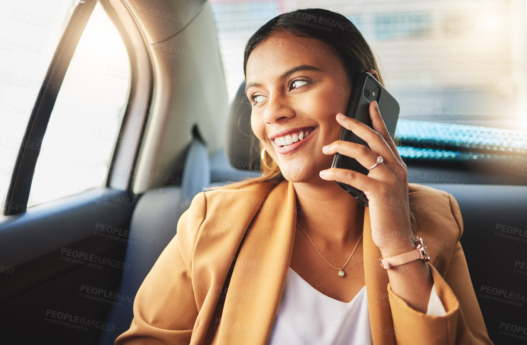 Buy stock photo Woman, phone and call on commute in car for business meeting, work or travel. Passenger, person or manager in taxi for transport, drive and alone with technology for telecom, schedule or calendar 