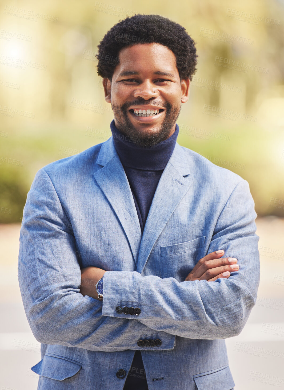 Buy stock photo Happy, portrait and a black man with arms crossed in the city with corporate confidence. Smile, young and an African person, employee or lawyer with pride in career and businessman for urban work