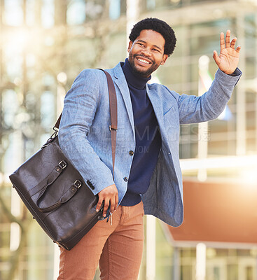 Buy stock photo Hand, wave and man in city for taxi, transportation commute travel on street in cbd for business, office or buildings. Businessman, sign and call attention of cab, driver and vehicle service in town