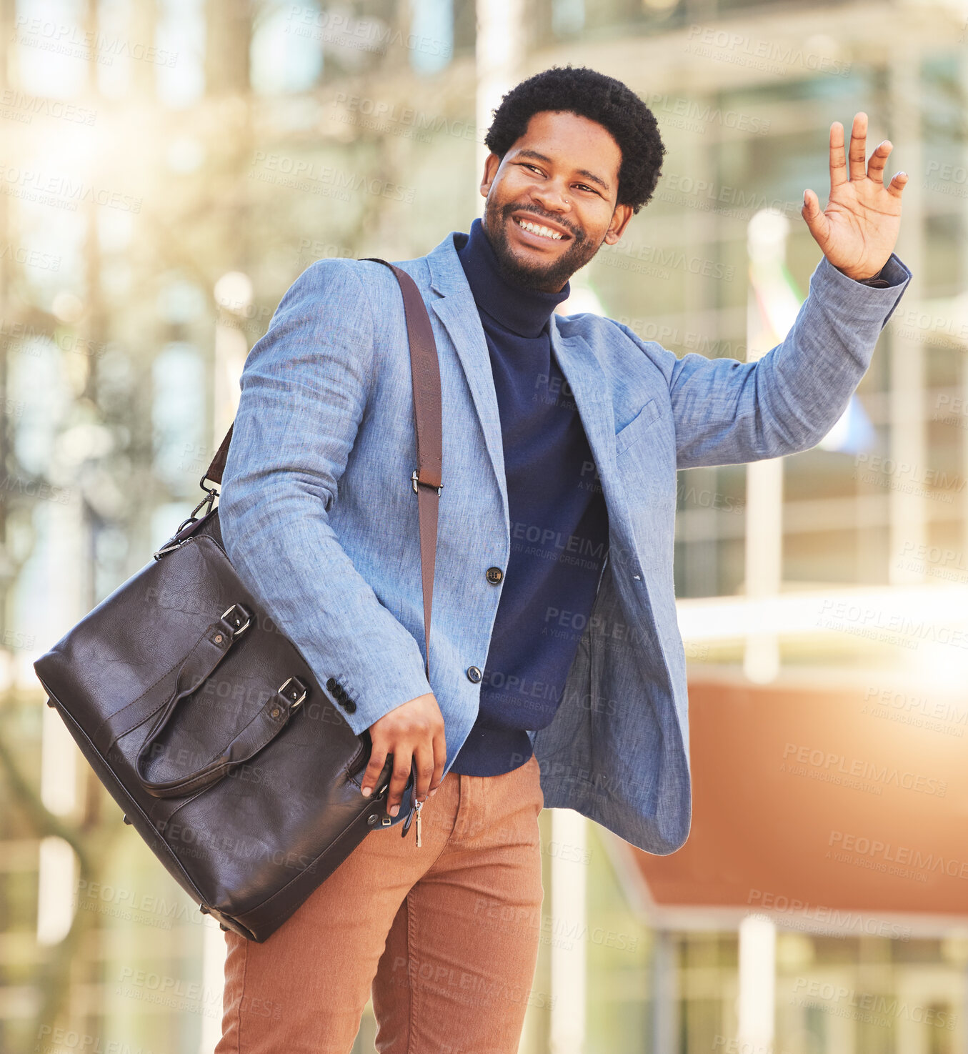 Buy stock photo Hand, wave and man in city for taxi, transportation commute travel on street in cbd for business, office or buildings. Businessman, sign and call attention of cab, driver and vehicle service in town