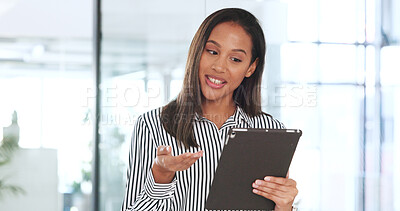 Buy stock photo Professional woman, video call and tablet for online meeting, human resources communication or networking in office. African worker or HR employee talking or digital advice, business or virtual chat