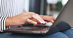 Woman, hands and typing on laptop in office, report and proposal or email, research and review on agenda. Business person, project and analysis of information on technology, digital or pc in closeup