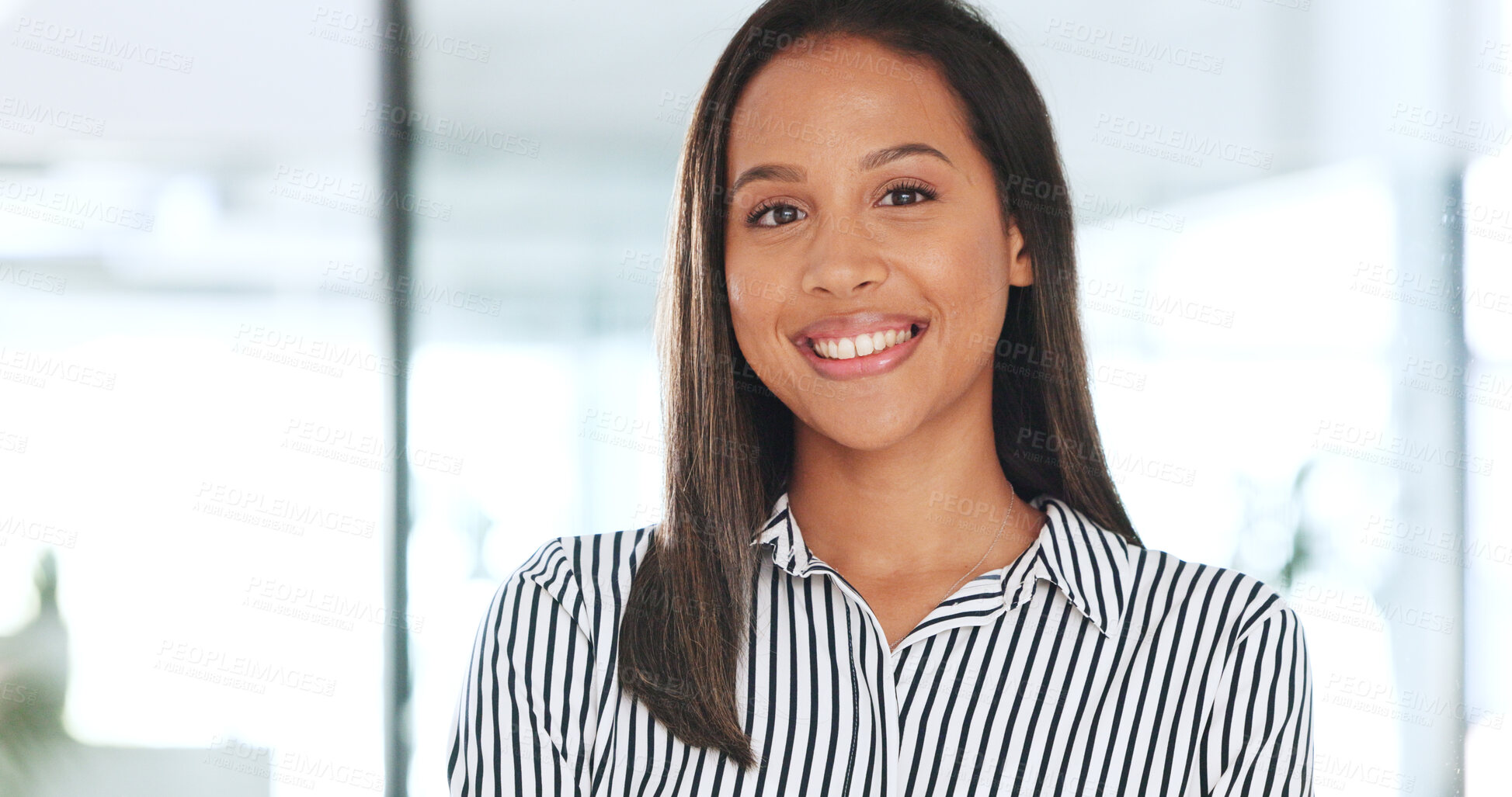 Buy stock photo Happy, woman and portrait of writer or journalist in workplace and Brazil press publishing office. Professional, employee and face of reporter with business, confidence and pride for working in news