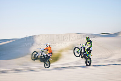 Buy stock photo Speed, desert and people for cycling on a motorbike for travel, sports or freedom. Moving, fast and racers on bikes for adrenaline, challenge or driving on a sand course for adventure or competition
