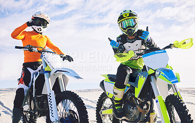 Buy stock photo Moto, rider and portrait in desert for sports with pose after practice for competition. Dubai, people and friends with workout to relax on holiday, vacation or travel for race to win in tournament