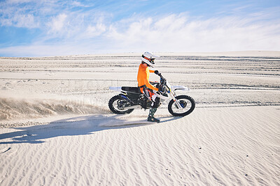 Buy stock photo Desert dust, motorbike and man outdoor for extreme sports, adventure and travel. Off road, sand and driver on motorcycle on dirt track in nature for action, competition race and riding for freedom