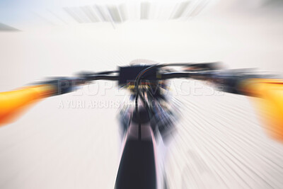 Buy stock photo Motorbike, race and motion blur of sports person and handle bars, speed in desert or dunes with athlete. Dirtbike, fast and adrenaline in extreme sports, fitness and energy for competition in pov