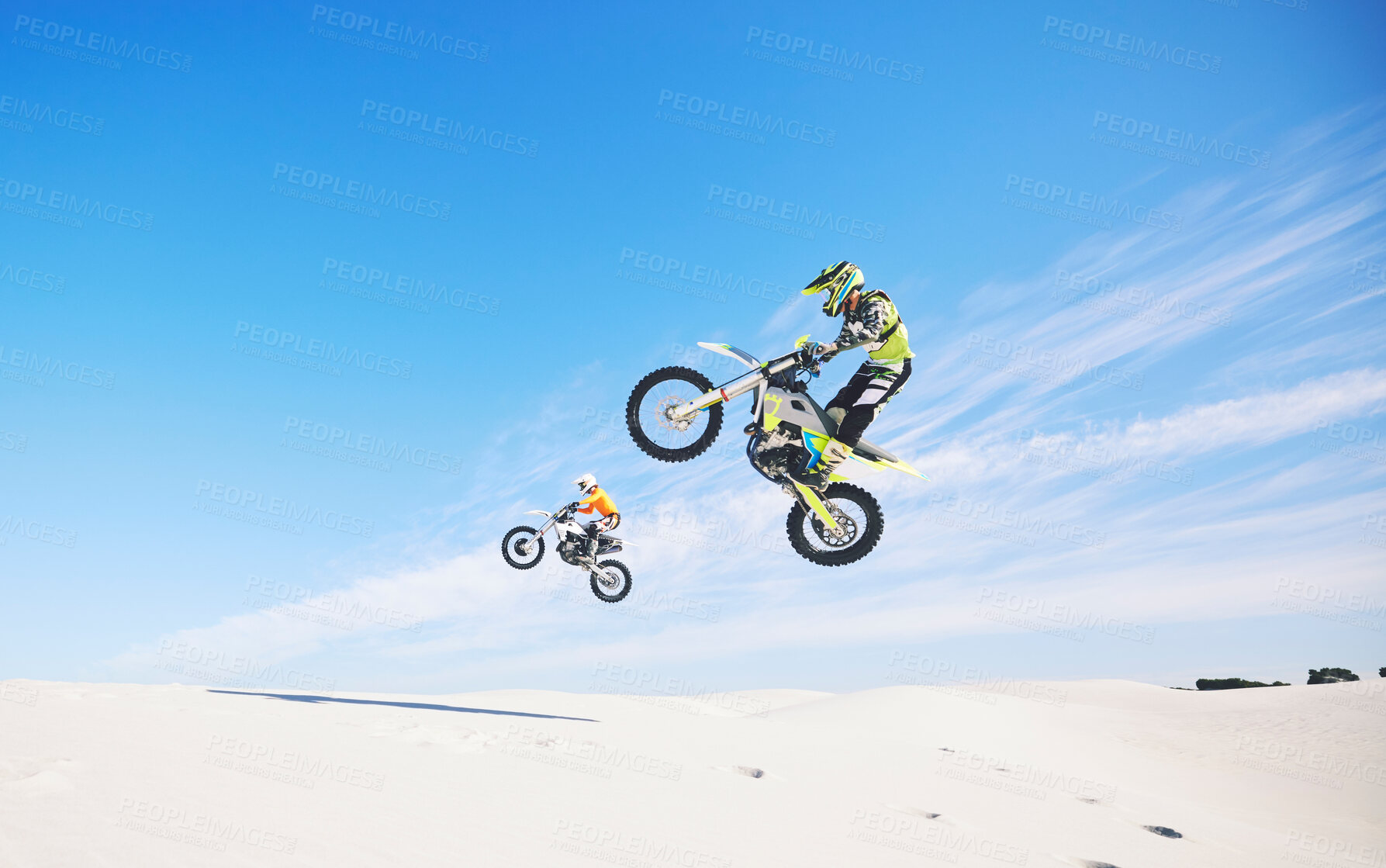 Buy stock photo Motorbike, people and sports with exercise, challenge and performance with safety, desert and workout. Athletes, sand or bikers with competition, practice or cycling with exercise, training or energy