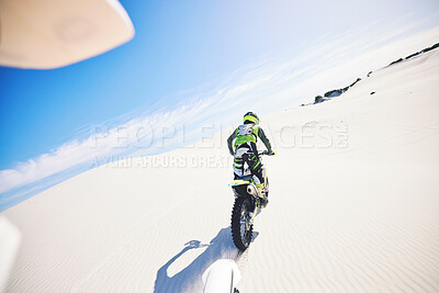 Buy stock photo Desert, back and man on motorcycle for sport, adventure and travel for extreme challenge outdoor. Off road, sand and driver riding motorbike on dirt in nature for action, competition race or freedom