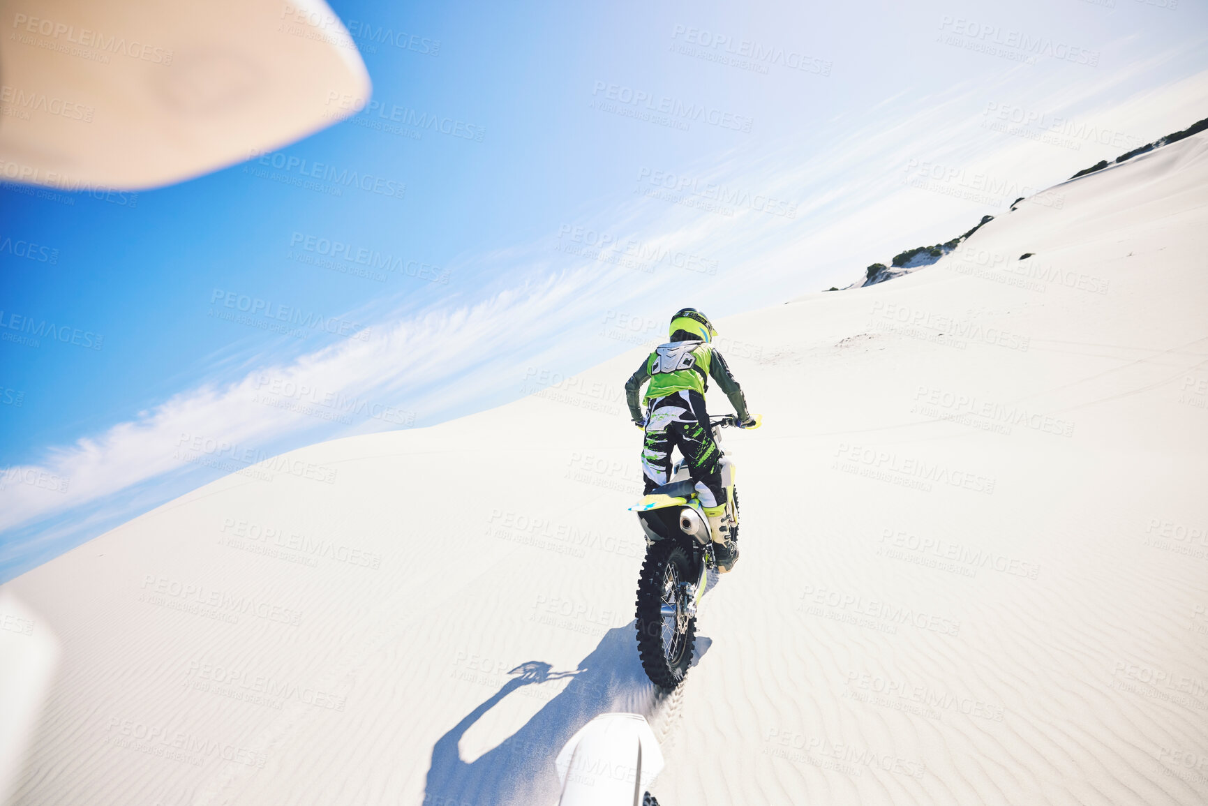 Buy stock photo Desert, back and man on motorcycle for sport, adventure and travel for extreme challenge outdoor. Off road, sand and driver riding motorbike on dirt in nature for action, competition race or freedom