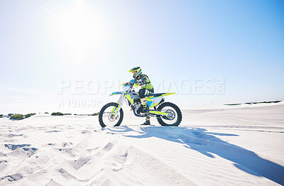 Buy stock photo Desert, motorbike and man outdoor for sport, adventure and travel on mockup space. Offroad, sand and driver on motorcycle on dirt track in nature for action, competition race and thinking of freedom