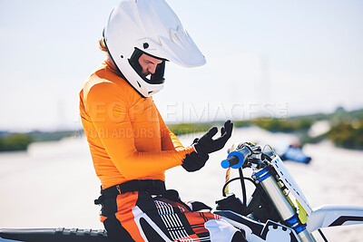 Buy stock photo Motorbike, safety gear and ready for race in desert, training and practice for challenge on sand dunes. Athlete, outdoor and adrenaline in extreme sports, fitness and competition on dirt bike