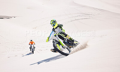 Buy stock photo Motorcycle, desert sand and moto sport with people outdoor on hill with race, journey and adventure. Extreme, workout and motorbike challenge of biker with driving exercise and training in Dubai