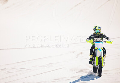 Buy stock photo Man, driving and motorbike on sand for sport, adventure or competition outdoor in summer or mockup space. Motorcycle, ride and athlete on dirt, dune or desert for race, danger and fearless challenge
