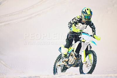 Buy stock photo Driving, motorbike and man on sand for sport, adventure or competition outdoor in summer or mockup space. Motorcycle, ride and athlete on dirt, dune or desert for race, danger and fearless challenge