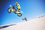 Motorbike, people and sports with fitness, competition and training with safety, desert and workout. Athletes, sand and bikers with mockup, practice and cycling with exercise, challenge and energy