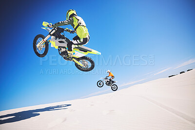 Buy stock photo Motorbike, people and sports with fitness, competition and training with safety, desert and workout. Athletes, sand and bikers with mockup, practice and cycling with exercise, challenge and energy