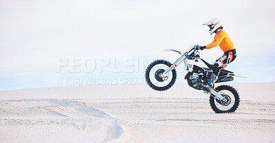 Buy stock photo Motorbike, person and sports with fitness, training and challenge with safety, desert and energy. Athlete, sand and biker with mockup, practice and cycling with exercise, travelling and adventure