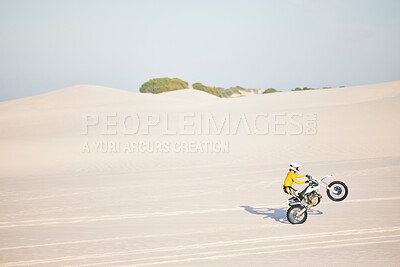 Buy stock photo Moto, bike and rider in desert for sports, health and fitness in Dubai with training for competition. Person, fearless and road for adventure while travel, vacation or holiday for wellness in summer