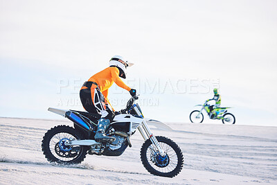 Buy stock photo Motorcycle, desert and moto sport fitness with men outdoor on hill with race, journey and adventure. Extreme, sand and motorbike challenge of biker people with driving exercise and training in Dubai