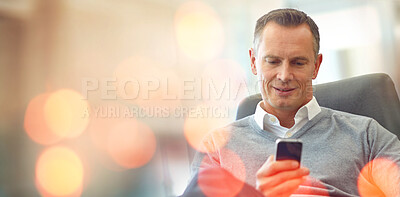 Buy stock photo Business, man and banner with a smartphone, typing or connection with internet, website information or investment. Person, employee or consultant with cellphone, bokeh or email notification with idea
