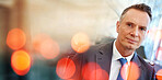 Bokeh, mockup and man in office with confidence, lights and startup business portrait. Boss, ceo and businessman at work with graphic, overlay and pride at digital agency with space for information.