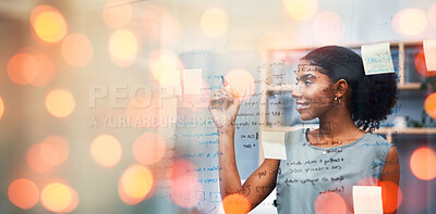Buy stock photo Black woman, writing on glass board and banner for planning or brainstorming ideas, sticky note and project agenda. Schedule, strategy and innovation in office, bokeh and mockup space with goals