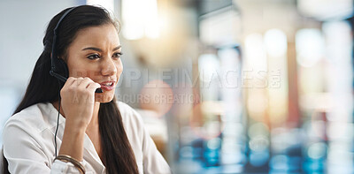 Buy stock photo Call center, business woman and web support conversation with crm and telemarketing work in office. Mockup space, discussion and customer service with online contact us help and communication 