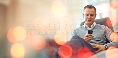 Buy stock photo Business, man and banner with cellphone, typing and connection with internet, website information or contact. Person, employee or worker with smartphone, overlay or email notification with a smile