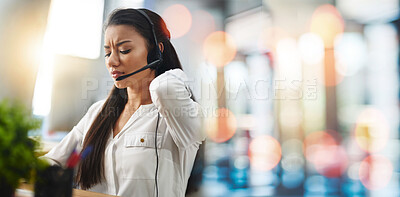 Buy stock photo Tired woman, call center and neck pain in customer service, support or telemarketing on bokeh background at office. Frustrated female person, consultant or agent for injury, ache or stress and banner