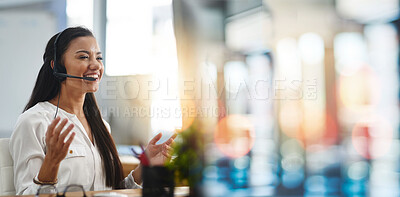 Buy stock photo Call center, customer service and woman in office with bokeh for crm telemarketing consultation. Mockup space, contact us and professional female technical support agent with headset in workplace.