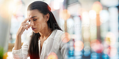 Buy stock photo Woman, stress and headache at office, work and bokeh  with mental health, financial crisis and startup failure. Workplace, mistake and thinking as overworked finance worker, auditor and frustrated