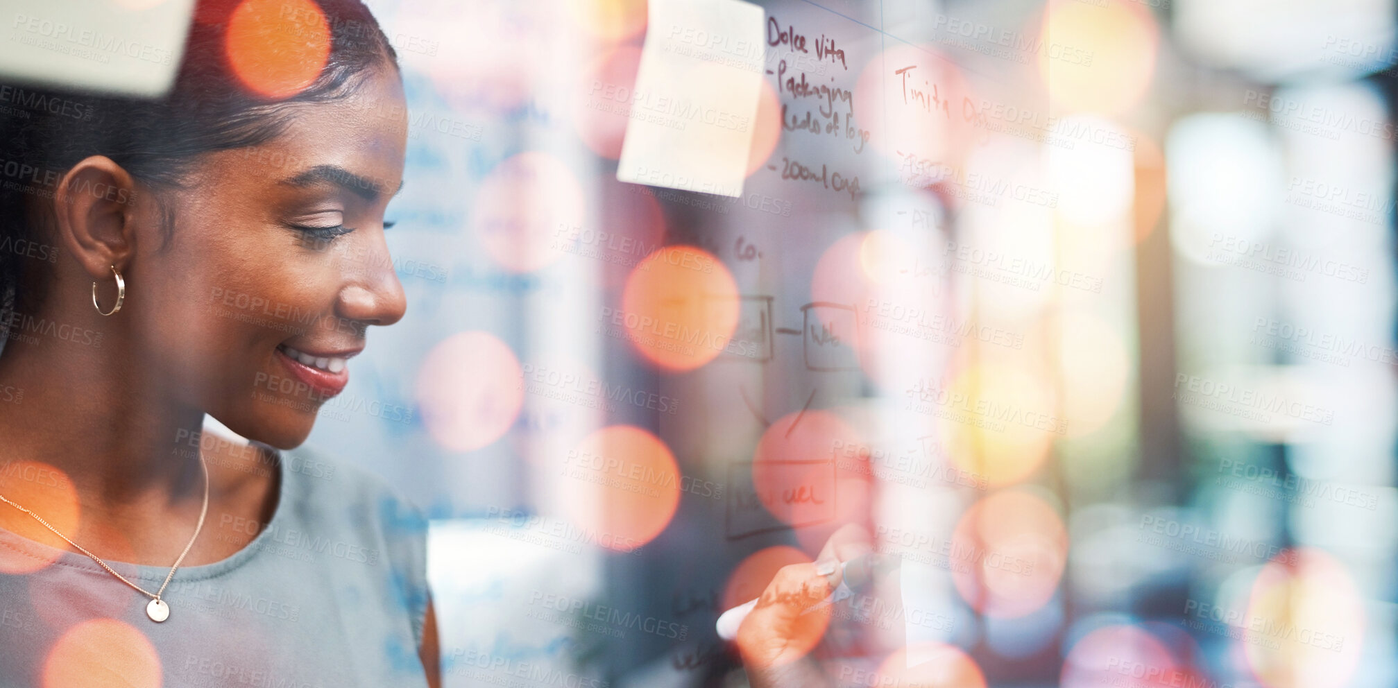 Buy stock photo Happy business woman, writing and schedule planning on glass board with bokeh background at office. Female person or employee smile for agenda, tasks or project plan in startup strategy at workplace