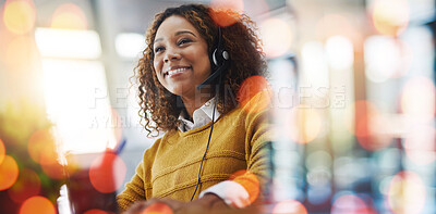 Buy stock photo Happy woman, call center and customer service on bokeh background for telemarketing or online advice at office. Female person, consultant or agent smile for virtual assistance, help or support