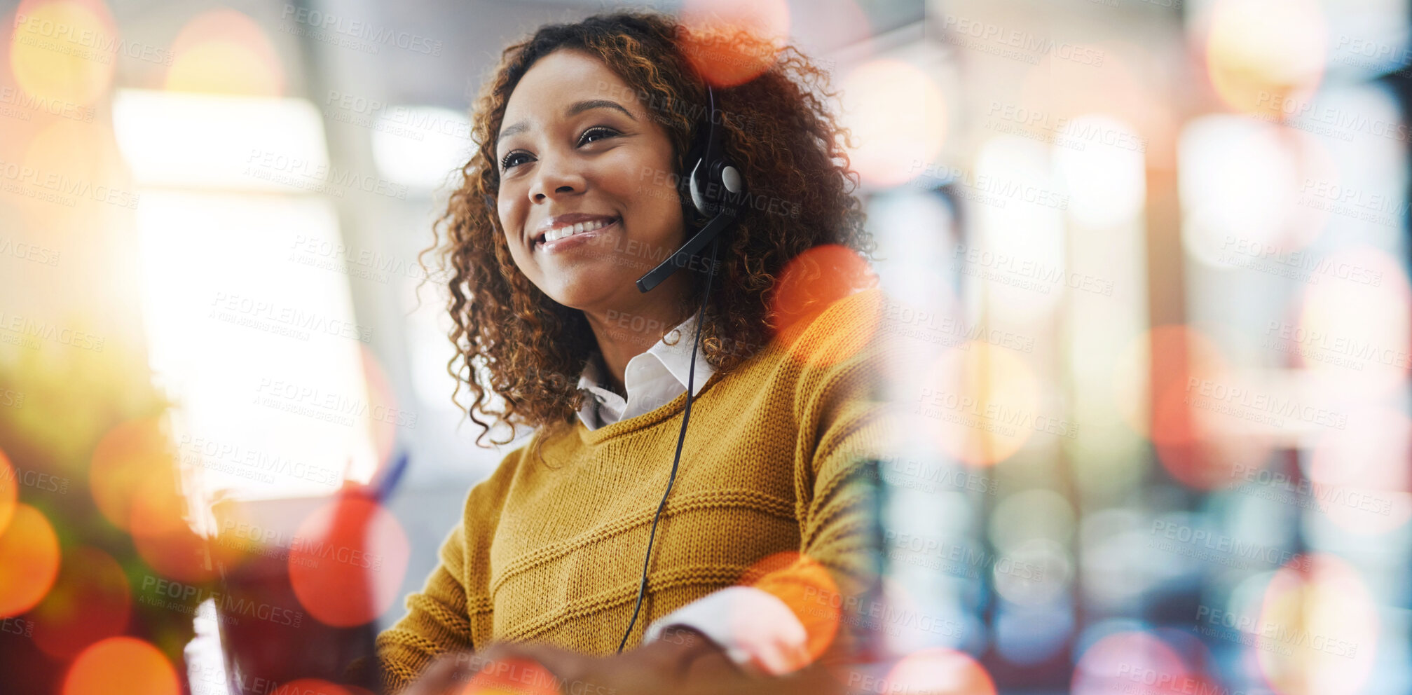 Buy stock photo Happy woman, call center and customer service on bokeh background for telemarketing or online advice at office. Female person, consultant or agent smile for virtual assistance, help or support