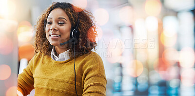 Buy stock photo Happy woman, call center and headphones on bokeh background in customer service or telemarketing at office. Female person, consultant or agent smile for online advice, help or virtual assistance