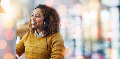 Buy stock photo Business woman, call center and office communication, customer support or advice for website FAQ on computer. Professional african consultant speaking for information or virtual chat in bokeh mockup