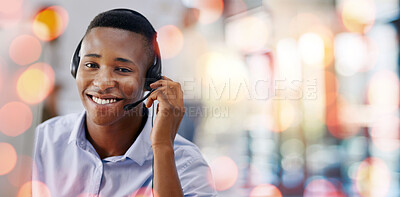 Buy stock photo Telemarketing, customer service and man in office with bokeh for crm call center consultation. Mockup space, contact us and professional African male technical support agent with headset in workplace