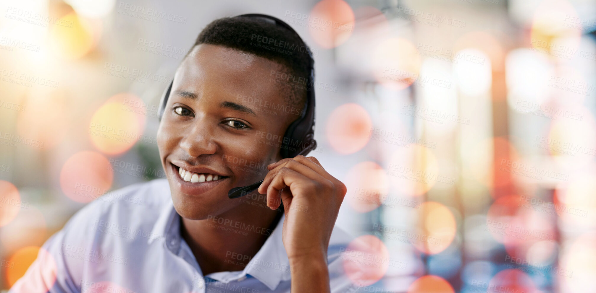 Buy stock photo Call center, portrait and man in office with bokeh for crm telemarketing consultation with headset. Mockup space, contact and professional African male technical customer support agent in workplace.