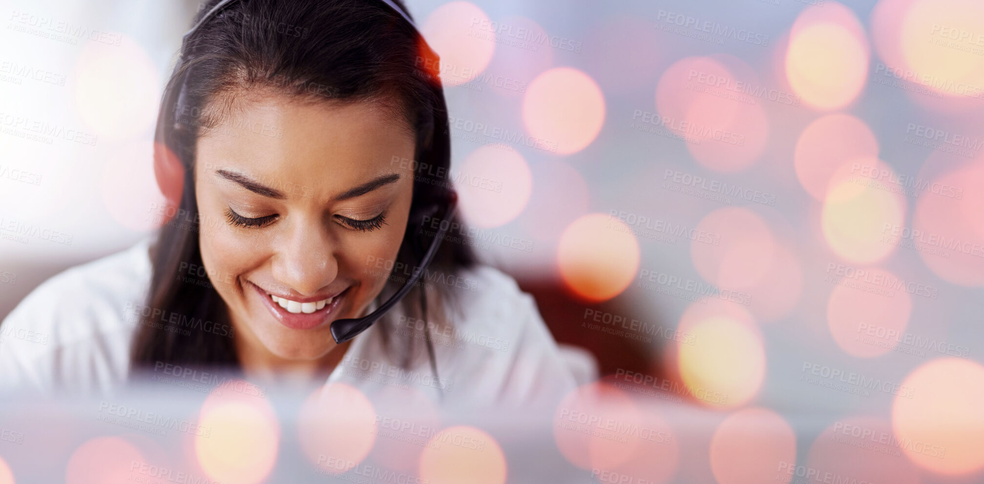 Buy stock photo Call centre, woman and headset with smile or communication, bokeh and overlay in mockup. Happy agent, contact us and customer service or faq, support and telemarketing or crm, consulting at help desk