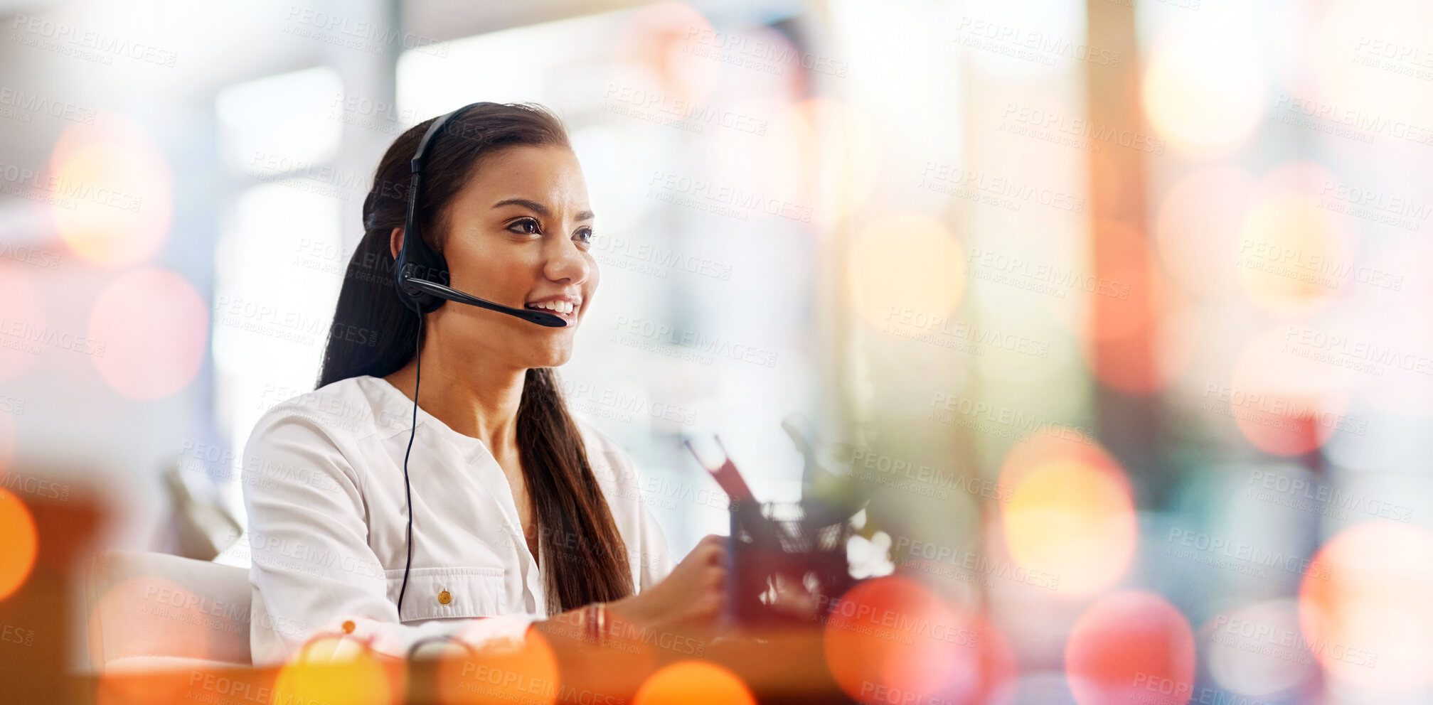 Buy stock photo Call centre, woman and headset with smile or customer support, bokeh and overlay in mockup. Happy agent, contact us and communication or faq, support and telemarketing or crm, consulting at help desk