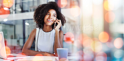 Buy stock photo Phone call, bokeh and business woman in office in discussion for b2b deal, agreement or merge. Technology, smile and professional African female hr on mobile conversation with cellphone in workplace.