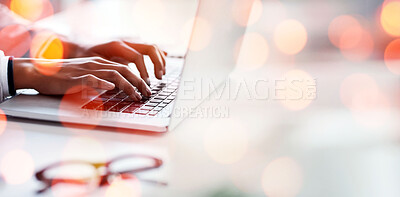 Buy stock photo Laptop, hands and business woman by bokeh in office with document working on accounting budget project. Technology, research and closeup of professional accountant typing on computer in workplace.