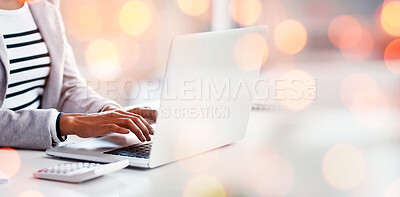 Buy stock photo Laptop, working and business woman by bokeh with document for accounting budget research project. Technology, calculator and closeup of professional female accountant typing on computer in workplace.