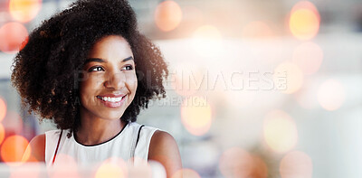 Buy stock photo Bokeh, thinking and woman with ideas, entrepreneur and opportunity with brainstorming, decision and problem solving. Person, worker and consultant with overlay, planning and choice with productivity