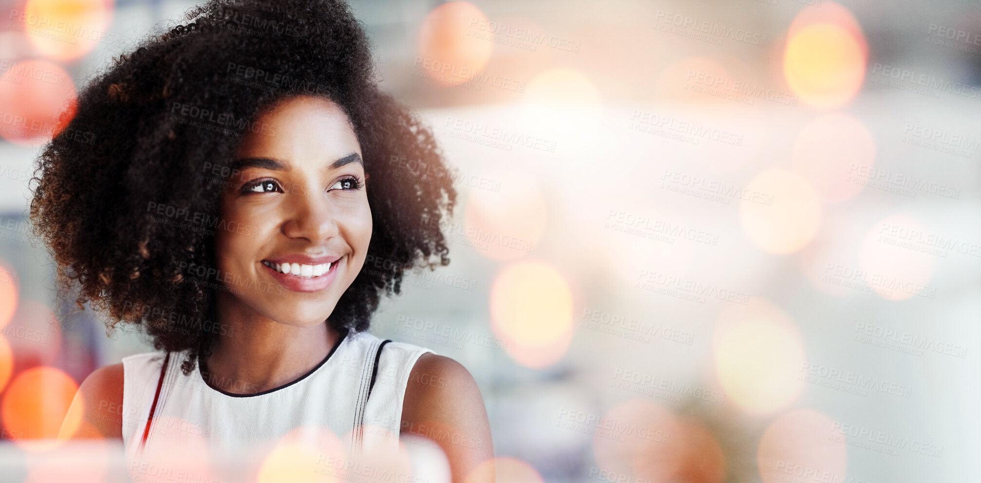 Buy stock photo Bokeh, thinking and woman with ideas, entrepreneur and opportunity with brainstorming, decision and problem solving. Person, worker and consultant with overlay, planning and choice with productivity