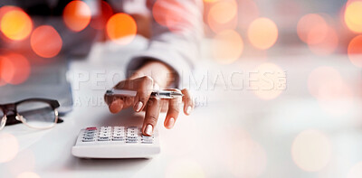 Buy stock photo Business hands, calculator and planning of finance, accounting and check profit, sales or revenue in office bokeh. Accountant or woman for bookkeeping numbers, math and taxes or debt on banner mockup