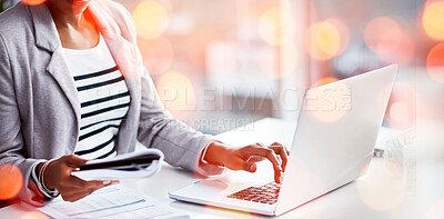 Buy stock photo Laptop, bokeh and business woman typing with document for accounting budget research project. Technology, notebook and closeup of professional female accountant working on computer in workplace.