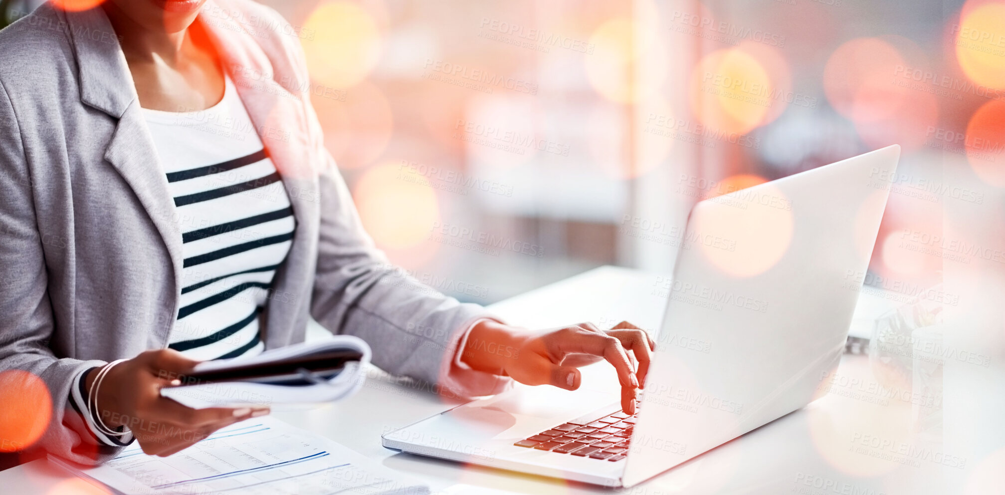 Buy stock photo Laptop, bokeh and business woman typing with document for accounting budget research project. Technology, notebook and closeup of professional female accountant working on computer in workplace.